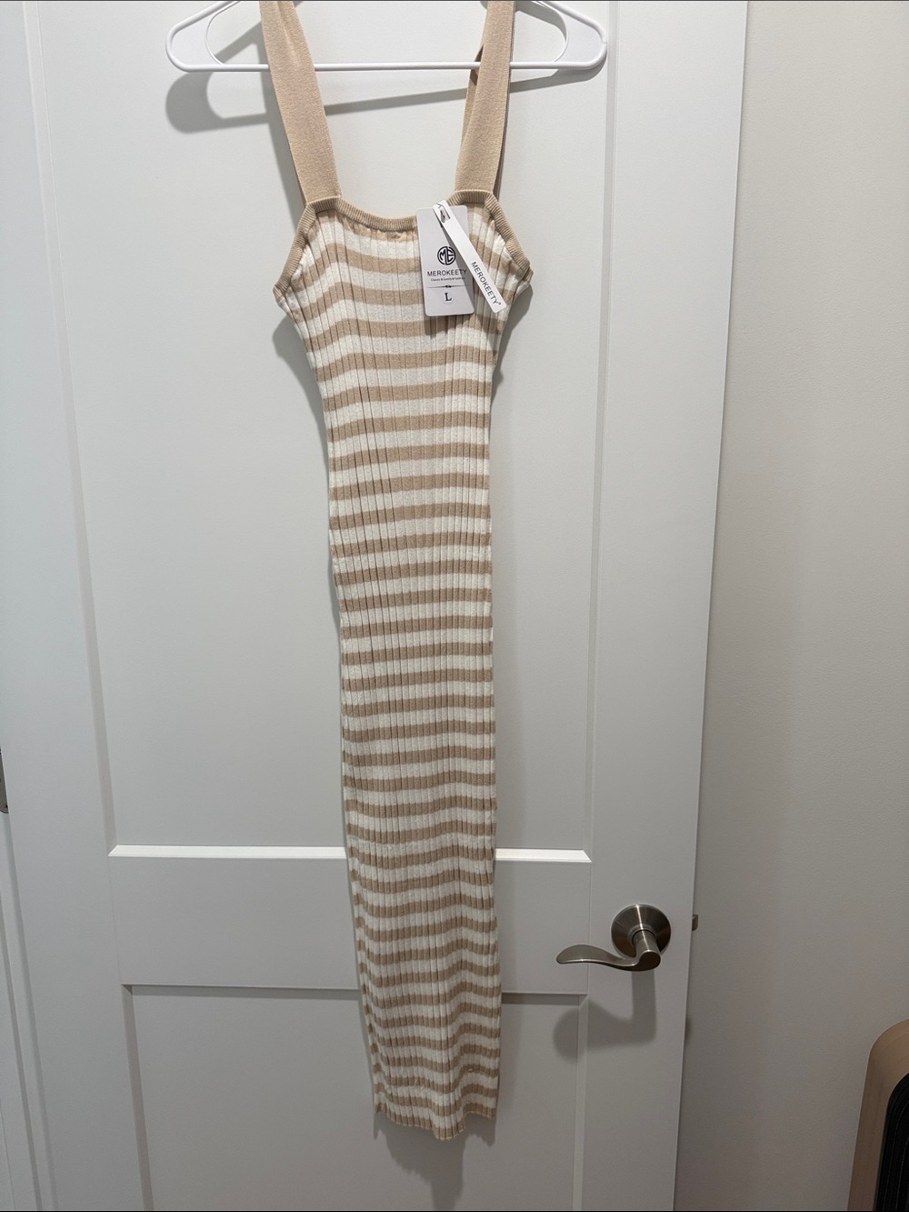 Ribbed Striped Knit Tank Dress - Beige & White